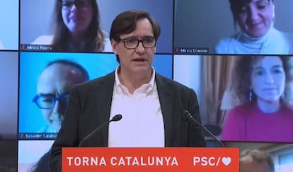 El ministro de Sanidad y candidato del PSC a las elecciones catalanas, Salvador Illa, en el acto de este domingo.