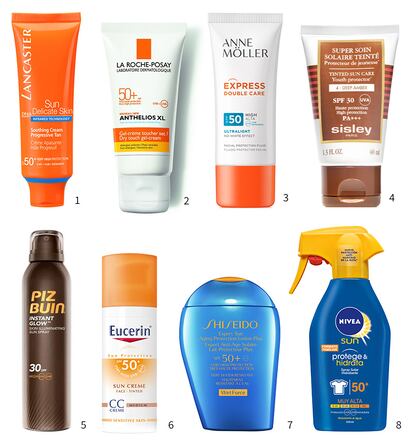 1. Sun Delicate Skin Face, de Lancaster. 2. Anthelios XL, de La Roche Posay. 3. Express Double Care, de Anne Möller. 4. Super Soin Solaire Teinté, de Sisley. 5. Instant Glow Skin Illuminating Spray, de Piz Buin. 6. Sun Creme Face Tinted CC Creme, de Eucerin. 7. Expert Sun Aging Protection Lotion Plus, de Shiseido. 8. Nivea Sun Protege & Hidrata, de Nivea.