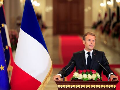 El presidente francés, Emmanuel Macron, este sábado en Bagdad