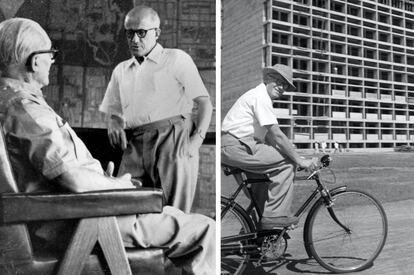Pierre Jeanneret se encargó de las obras 'in situ' mientras Le Corbusier supervisaba su evolución a la distancia. A la izquierda, sentado en una de sus butacas para Chardigarh, charla con Le Corbusier. A la derecha, paseando entre las construcciones de la nueva ciudad india. |