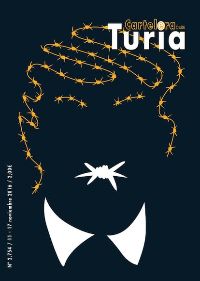 La revista valenciana 'Cartelera Turia' también dedicó una portada a la figura de Trump en la que se ilustraba el rostro de Trump con una pequeña brida en su boca y alambre amarillo en lugar de cabello.