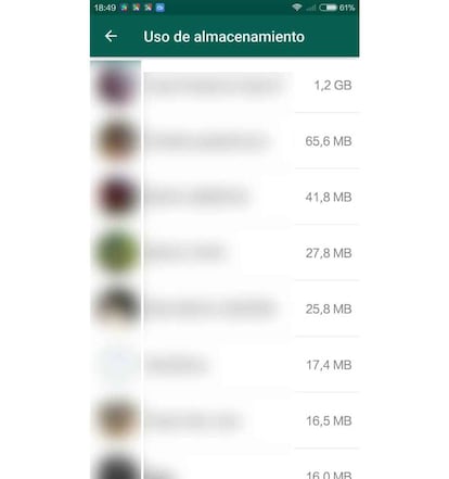 Así es como nos muestra WhatsApp el peso de cada chat, y desde donde podemos gestionar su peso