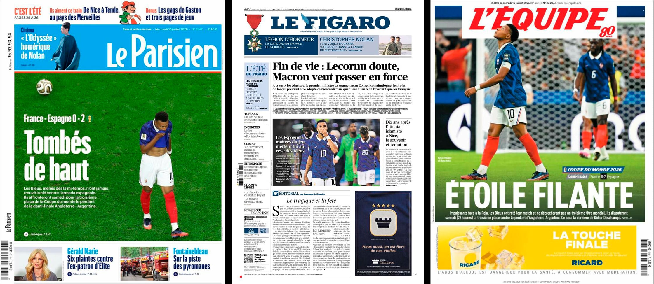 Primeras de los periódicos franceses 'Le Parisien', 'Le Figaro' y 'L'Equipe', con la eliminación de Francia por parte de España.