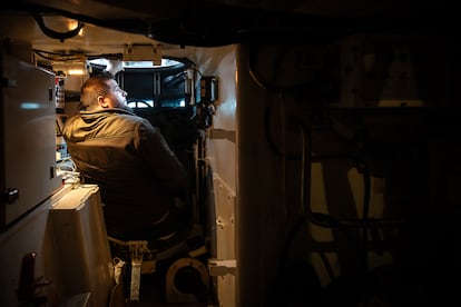 Oleksandr Strelnytskyi, driver of the howitzer AHS Krab, at his post.