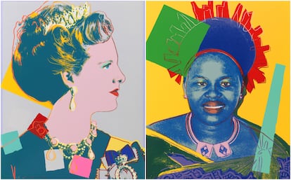 Margarita de Dinamarca y, a la derecha, Ntombi Twala, regente de Suazilandia, en los retratos de Warhol que expone el museo del palacio Het Loo.