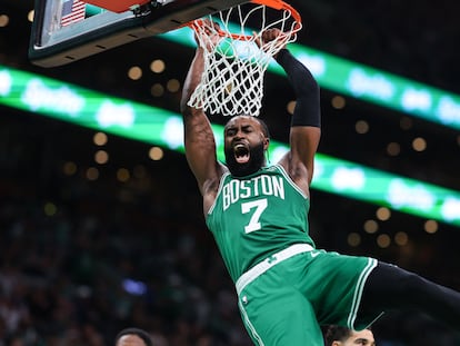 Jaylen Brown #7 of the Boston Celtics dunks the ball against the Miami Heat during the second quarter in game five of the Eastern Conference Finals at TD Garden on May 25, 2023 in Boston, Massachusetts.