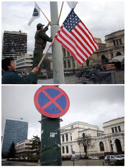 Operarios colocan cerca del Parlamento las banderas de EE UU y Bosnia en diciembre de 1997, con motivo de la visita del entonces presidente Clinton a Sarajevo, dos años después de acabada la guerra. La misma avenida, en la actualidad.