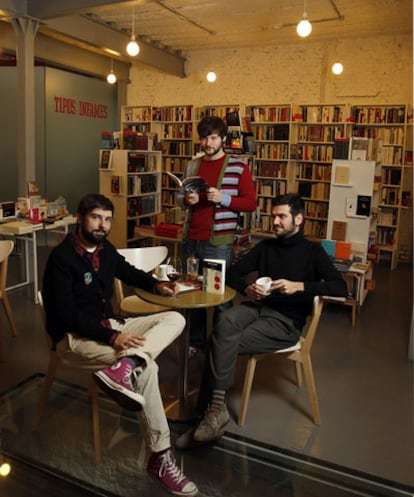 Malasaña's Tipos Infames bookstore bar, with owners (from left) Alfonso Tordesilla, Gonzalo Queipo and Fransisco Llorca.