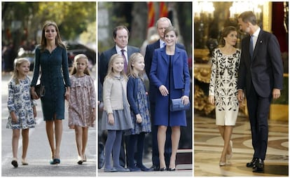 De izquierda a derecha: do&ntilde;a Letizia con sus hijas en 2014 y 2015 y junto al rey Felipe en 2016.
