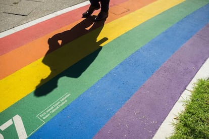 La sombra de un hombre se refleja sobre la bandera gay pintada en el suelo de una calle de Adelaida, en Australia.