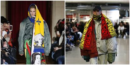 Bufanda de inspiraci&oacute;n futbolera de la colecci&oacute;n oto&ntilde;o/invierno de Y/Project 2017-2018, presentada en Par&iacute;s en febrero y, a la derecha, desfile de la misma temporada de Vetements.
 