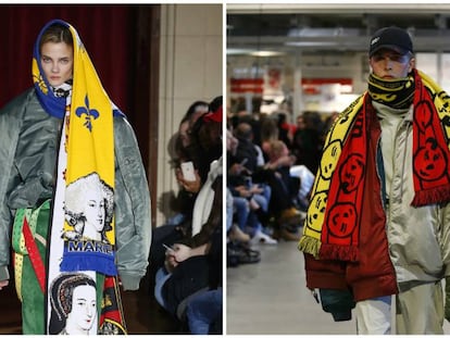 Bufanda de inspiración futbolera de la colección otoño/invierno de Y/Project 2017-2018, presentada en París en febrero y, a la derecha, desfile de la misma temporada de Vetements.