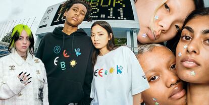 Desde la izda: la cantante Billie Eilish, una imagen de la la alianza entre BlackEyePatch y Reebok y parches antiacné de Starface.
