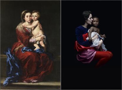 Díaz reinterpreta la dulzura de 'La Virgen del Rosario', de Murillo, con una joven con su hijo adoptado.