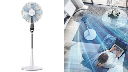 ventilador de pie con caudal de aire potente y consumo energético bajo.