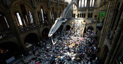 Activistas contra el cambio climático realizan una performance dentro del Museo de Historia Natural de Londres.