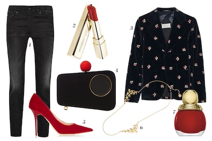 1. R13 Vaqueros pitillo grises 2. Dolce & Gabbana 'Gloss Fusion Lipstick' 3. Maison Martin Margiela Americana con incrustaciones 4. Charlotte Olympia Clutch rígido 5. Jimmy Choo Salones de terciopelo rojo 6. Malababa Cadena con detalle de hojas 7. Dior Laca de uñas de edición limitada 'Diorific Vernis'.