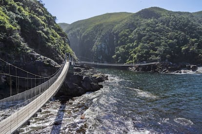 Puente colgante de Storms River Mouth, en el parque nacional Tsitsikamma, en Sudáfrica.