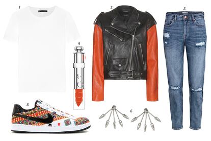 1. The Row Camiseta de manga corta. 2. Isabel Marant Perfecto de piel bicolor. 3. H&M Jeans con detalles desgastados. 4. Dior Fluid stick 'Addict'. 5. Nike Sneaker estampada. 6. Pamela Love Pendientes con pinchos.