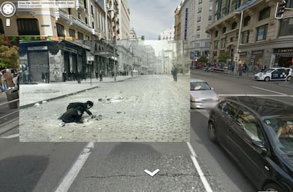 La Gran Vía actual combinada con una escena de 1937.