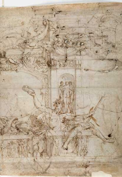 En la exposición se muestran los dibujos de destacados artistas como Andrea del Sarto, Paolo Veronese, Giulio Romano, Polidoro da Caravaggio, Giorgio Vasari y Annibale Carracci entre otros. En la imagen, Estudio de la decoración arquitectónica, de Carracci.