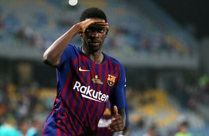 Dembele celebra tras anotar el segundo gol del Barcelona.