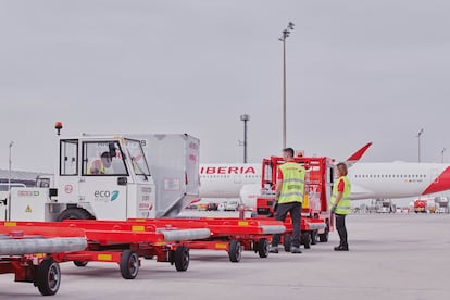 Operarios de los servicios de Iberia a pie de pista.