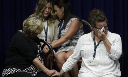Víctimas del escándalo de abusos sexuales en la Iglesia católica durante una conferencia en Harrisburg (Pennsylvania).