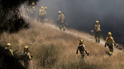 Un ret&eacute;n del Infoca se adentra en una zona incendiada el pasado fin de semana.