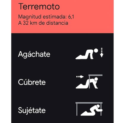 Así muestran los teléfonos Android la notificación de peligro (a la izquierda, para temblores leves) y la alarma para tomar medidas (a la derecha, para terremotos moderados y fuertes).