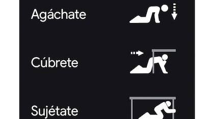 Así muestran los teléfonos Android la notificación de peligro (a la izquierda, para temblores leves) y la alarma para tomar medidas (a la derecha, para terremotos moderados y fuertes).