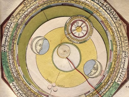 Composición de círculos móviles para conocer la posición relativa de los astros de la obra 'Astronomicum caesareum' (1540).