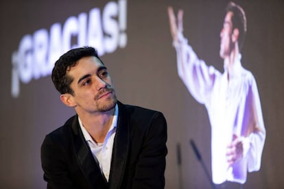 Javier Fernández, durante el acto de despedida en el Palacio de Hielo de Madrid.