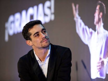 Javier Fernández, durante el acto de despedida en el Palacio de Hielo de Madrid.