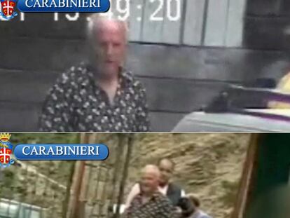 Imágenes del vídeo hecho público por los <i>carabinieri</i> después de las detenciones, el capo de la 'Ndrangheta, Domenico Oppedisano, se reúne con otros miembros de ésta organización criminal en el santuario de la Virgen de los Pulsos de San Luca, en la provincia de Regio de Calabria.