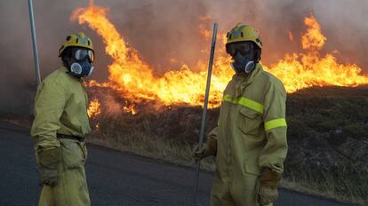 Dos personas durante las labores contra el incendio forestal declarado en Avi&oacute;n (Ourense).