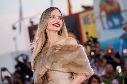 Angelina Jolie poses for photographers upon arrival for the premiere of the film 'Maria' during the 81st edition of the Venice Film Festival in Venice, Italy, on Thursday, Aug. 29, 2024. (Photo by Joel C Ryan/Invision/AP)