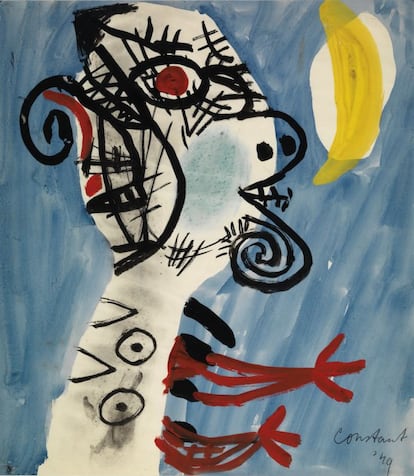En esta obra de Constant Nieuwenhuys, 'Cabeza y luna' de 1949, se puede apreciar el poder de la influencia que ejercía Miró en los artistas del grupo.