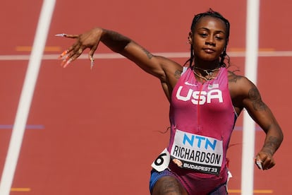 Sha'Carri Richardson of the U.S. crosses the line to win heat 5.