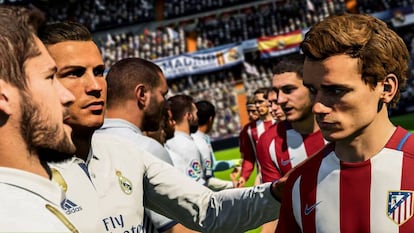 Jugadores del Real Madrid C.F. y Atlético de Madrid S.A.D. en un fotograma extraído de FIFA 18.