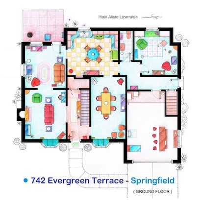 Planta baja de la casa de 'Los Simpson' en el plano de Iñaki Aliste Lizarralde. Al fondo a la derecha, la 'rumpus room', que solo ha salido fugazmente en dos o tres capítulos y que ha roto el coco a los fanáticos de la serie.