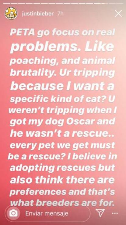 La respuesta de Justin Bieber a PETA en Instagram.