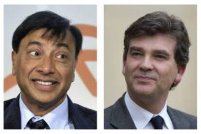 Combo de fotografas de Lakshmi Mittal (i), presidente de la junta de la directiva de compa?a de acero ArcelorMittal, y de Arnaud Montebourg (d), ministro francs de Reconstruccion Productiva. EFE/Archivo