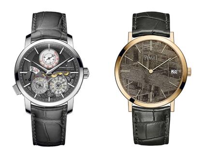 Vacheron Constantin ha llevado su ‘savoir faire’ al límite con el Traditionnelle Twin Beat Perpetual Calendar (a la izquierda). La caja del Piaget Altiplano Meteorite (a la derecha) es de 40 mm, oro rosa y esfera de meteorito (sí, como lo oye).