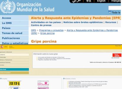 Arriba, imagen de hoy de la web de la OMS en el que se denomina a la enfermedad como "gripe porcina". Abajo, captura de la web del Ministerio español de Sanidad, en el que se la denomina como "nueva gripe".