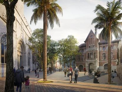 Una simulación del proyecto de peatonalización de la plaza del Mercado de Valencia, con la Lonja a la izquierda.