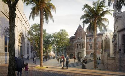 Una simulación del proyecto de peatonalización de la plaza del Mercado de Valencia, con la Lonja a la izquierda.