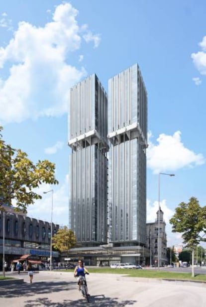 Diseño de 2017 para la ampliación de las torres firmado por Carlos Lamela y aprobado por el Ayuntamiento. Mutua Madrileña decidió quedarse con la propuesta de Luis Vidal. |