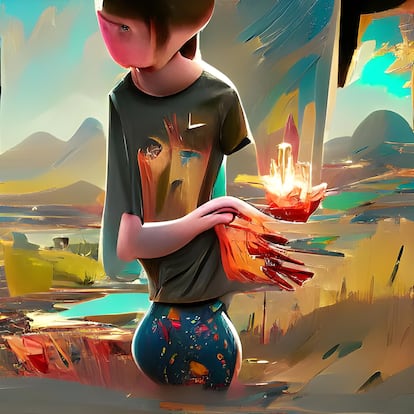 Una imagen detallada creada por la Inteligencia Artificial de Geniverse, a partir del texto: «Chico mirando un paisaje brillante. Las manos del chico están ardiendo. Estilo artstation. El chico tiene el pelo marrón».