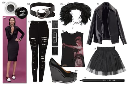 108. NYX Eyeliner en gel. 109. Suzi Roher Cinturón de piel con hebilla de metal. 110. Brunello Cucinelli Cuello de plumas. 111. Zara Chaqueta de vinilo. 112. Asos. 113. Topshop Jeans pitillo con rotos. 114. DKNY Reloj con correa de pitón. 115. Maje Camiseta con imagen de David Bowie. 116. Bershka Mini de vuelo de tul. 117. Ritch Erani NYF Zapato con plataforma y ribete de cadena. 118. Bobbi Brown Lápiz de ojos de larga duración.